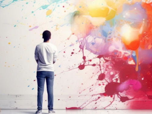 Un jeune faisant face à un mur couvert de tâches de peinture de toutes les couleurs