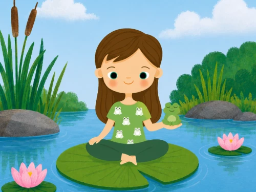 Illustration d'une enfant assise en position de méditation sur un nénuphar au milieu d'une mare et tenant dans sa main gauche une grenouille